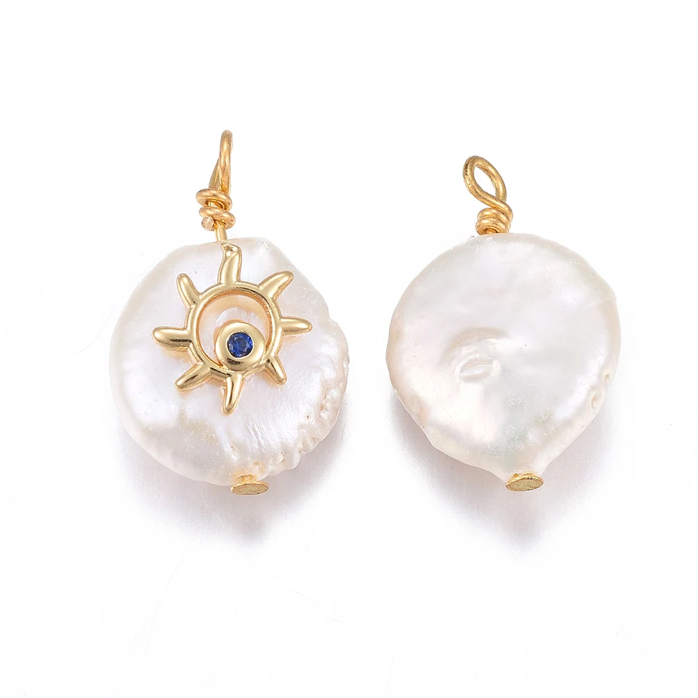 10pcs Natural Cultured Freshwater Pearl Pendant With Brass Micro Pave Cubic Zirconia Findings Nugget With Sun For Jewelry Making