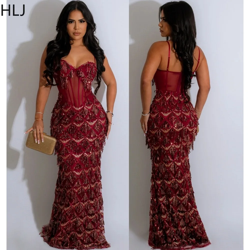 

HLJ Fashion Mesh Splicing Sequin Evening Party Suspended Dress Women Thin Strap Sleeveless Floor Dresses Sexy Slim Vestidos 2023