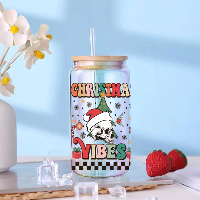 3D UV DTF 전송 스티커, 크리스마스 테마, 16oz Libbey 안경 랩 컵, DIY 방수, 쉬운 D4607