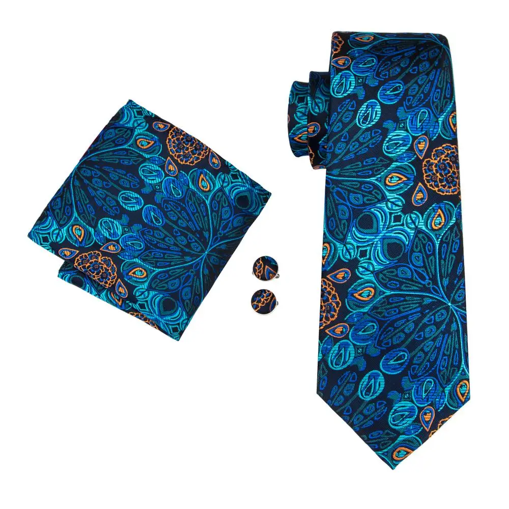Neck Tie Hi-Tie Peacock Blue Novelty Design Silk Wedding Tie For Men Hanky Cufflinks Gift Mens Necktie Set Business Party