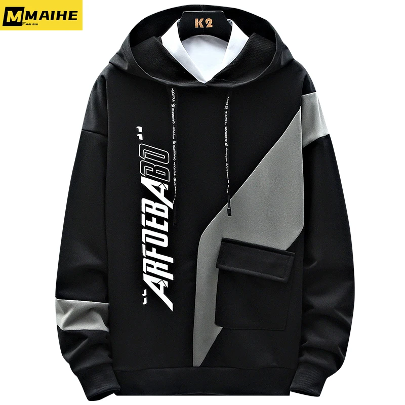 K-Pop fashion hoodie men's patchwork sleeve letter print design y2K street hip-hop ropa hombre trend neutral sweatshirt new fall