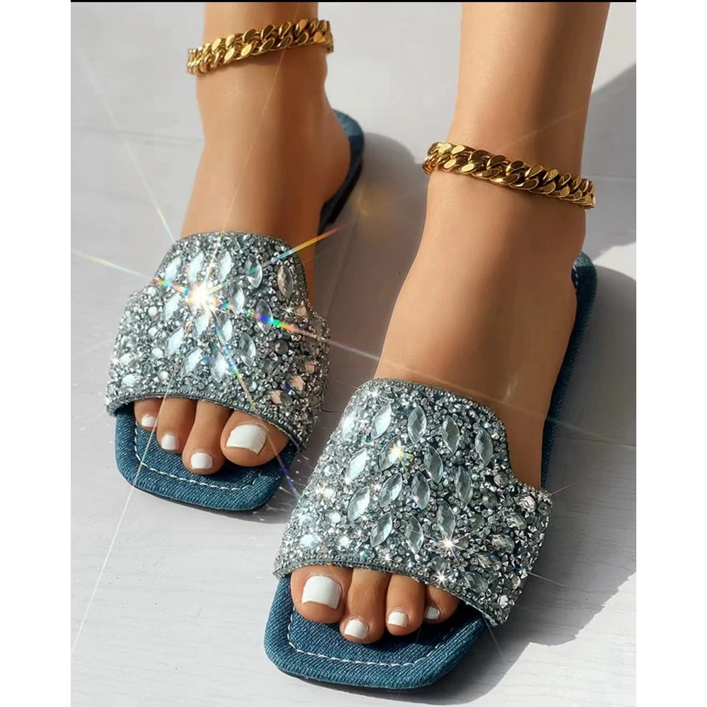 Summer Casual Women Rhinestone Denim Design Outdoor Slippers Wide Strap Beach Flats Sandals Shoes Going Out Summer Shoes