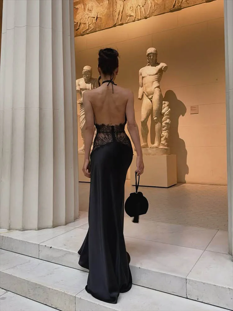 CNYISHE Halter Lace Patchwork Sheer V Neck Sleeveless Backless Women Dresses Sheath Hip Wrap Fashion Summer Solid Female Bodycon