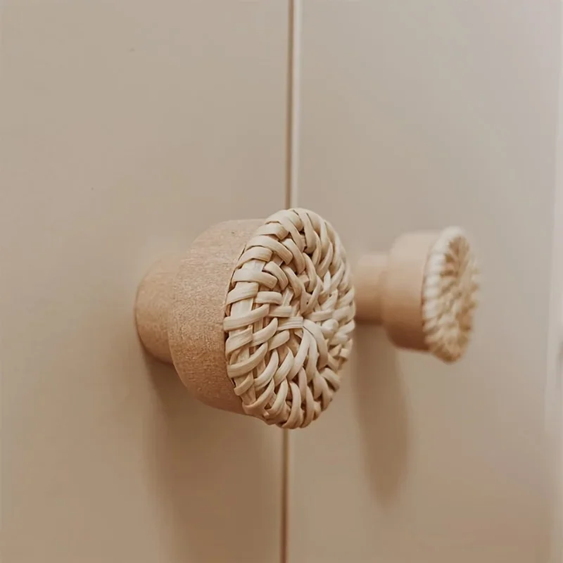 Door Handles Solid Wood Circular Small Rattan Weaving Creative Single Hole Cabinet Wardrobe Shoe Drawer Hardware Minimalist