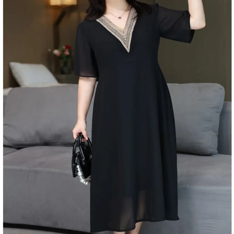 Fashion Plus Size Women's Clothes Chiffon Black Dress Summer V-Neck Hollow Out Patchwork Lace Short Sleeve Mid Length Dresses