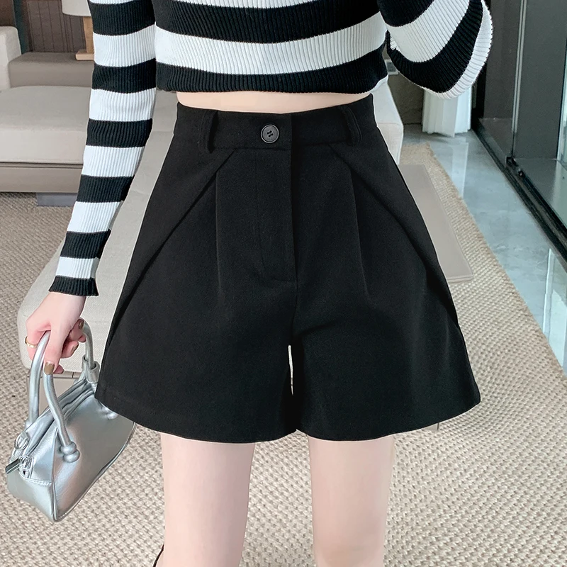 Tweed Shorts Women Korean Style Solid Color High-waisted Thin Wide Leg Loose Shorts Office Lady Fashion Basic Streetwear Female
