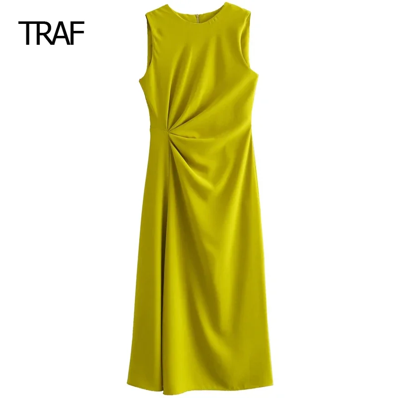 

TRAF Yellow Sleeveless Tank Dress Womens Dresses Spring Summer Midi Ruffled Dresses Korean Style Dress Casual Vacation Dresses