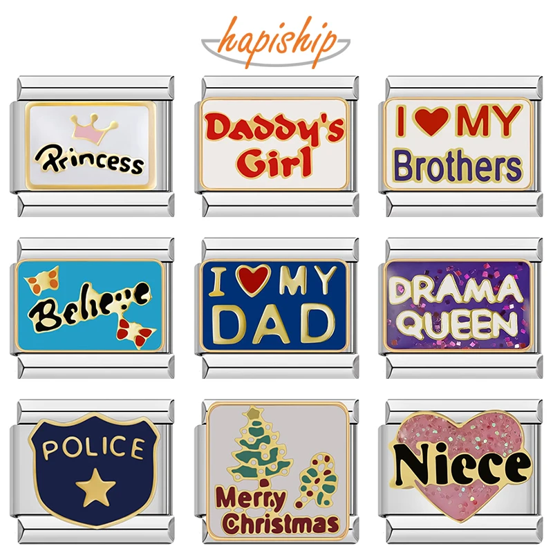 Hapiship 9mm Width Original Daisy princess believe Police Merry Christmas Niece Charm Fit Bracelet Stainless Steel Links DJ119 stainless steel bracelet metal bracelet