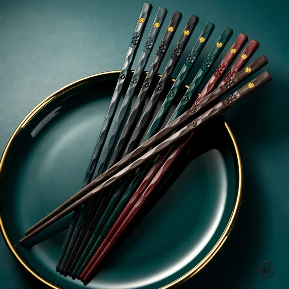 Reusable Chinese Chopsticks 5Pcs Alloy Non Slip Dishwasher Safe Bamboo Shape Food Grade Chopsticks