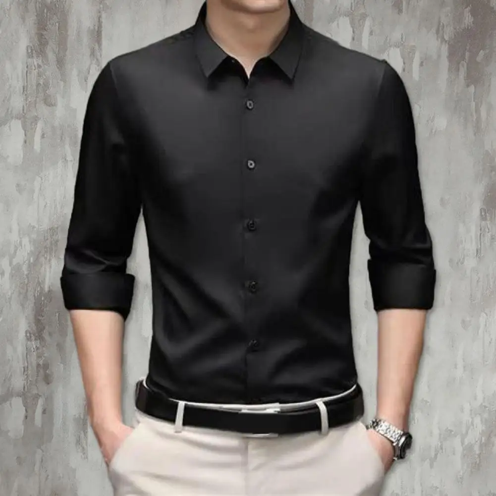 Spring and Summer Long-sleeved Men's Shirt Thin Business Dress Ice Silk Wrinkle Resistant Non-ironing Solid Color Collar