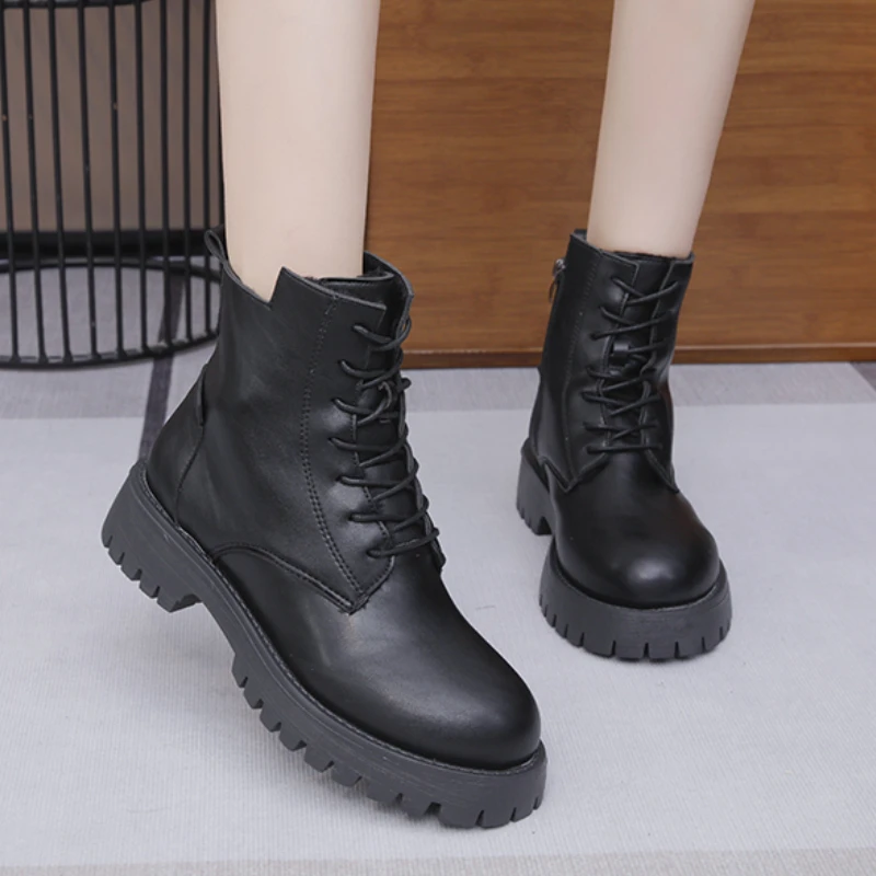 

Black PU Leather Boots Women's Ankle Boots Suede Flat Fashion Autumn and Winter Platform Boots New Women's Shoes
