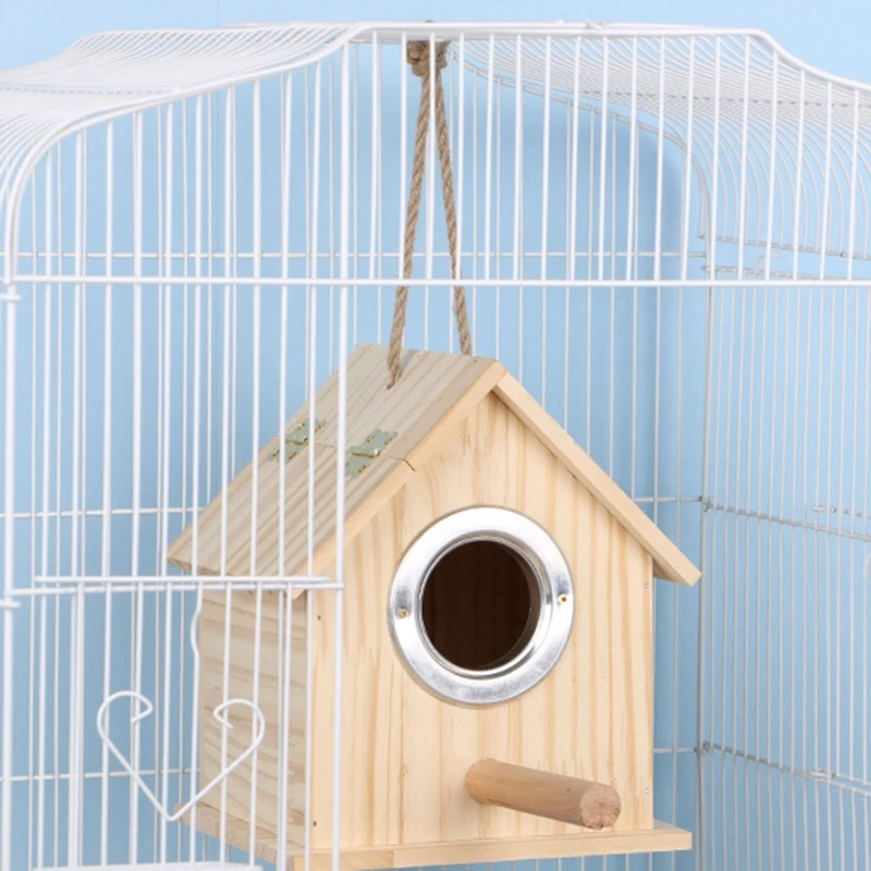 Wooden Bird House with Parakeet Perch Stands Pets Parrots Nesting House for Cage Outside Inside Hanging Wood Nest 2 Sizes