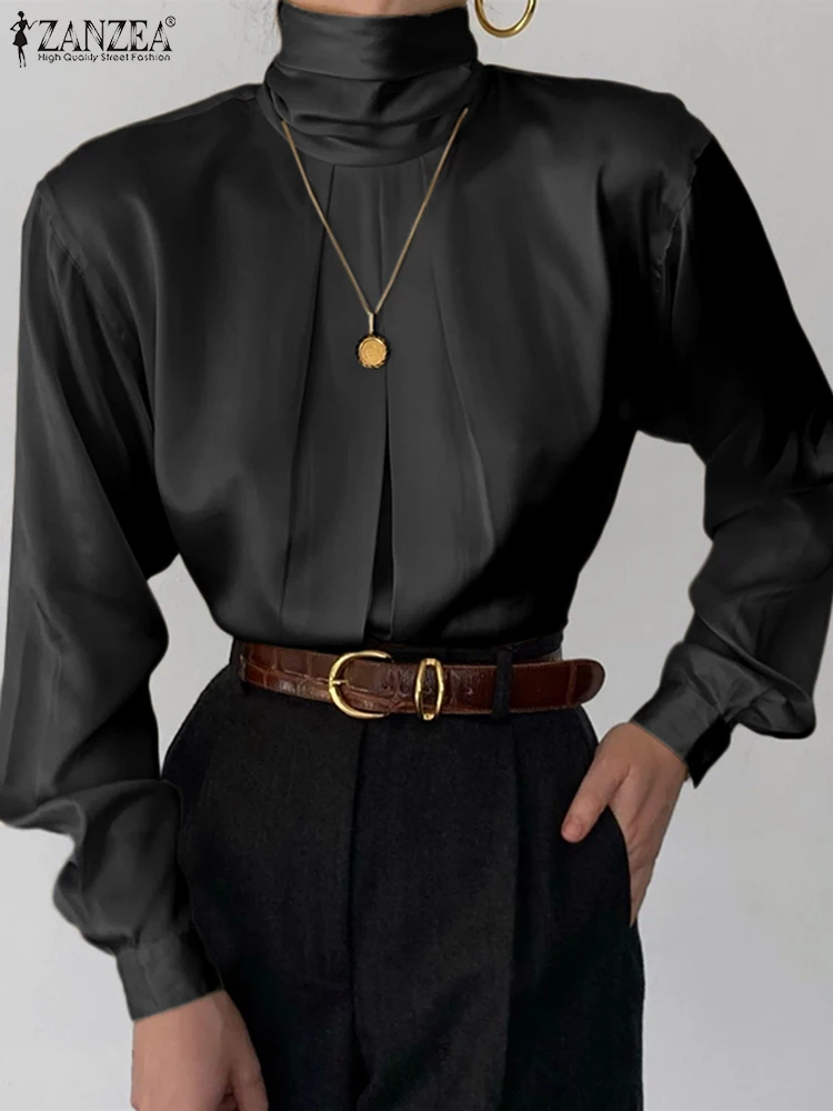 Blusa De Satén Para Mujer - Cuello Vuelto Y Manga Larga, Tejido Suave De Poliéster Y Elastano, Ideal Oficina Y Eventos
