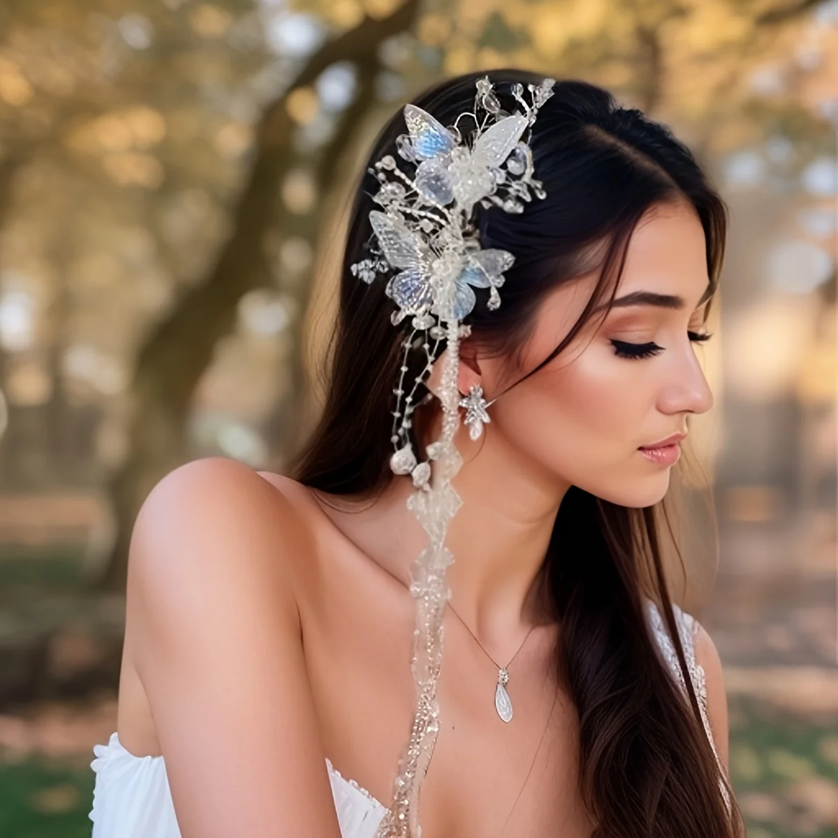 Crystal Bridal Tiara Hairgrips For Women Bride Princess Butterfly Tassel Barrettes Wedding Hair Accessories
