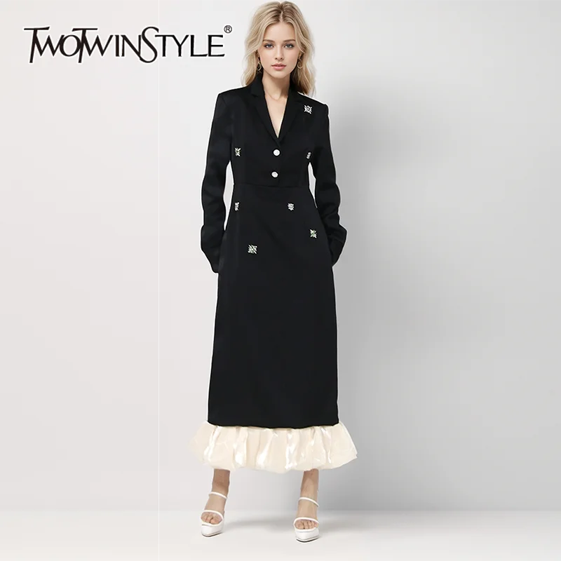 

TWOTWINSTYLE Spliced Diamonds Dresses For Women V Neck Long Sleeve Patchwork Single Breasted Hit Color High Waist Dress Female