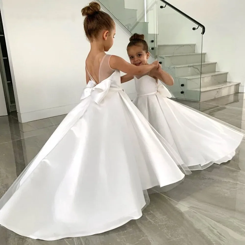 

Simple White Child Flower Girl Dresses for Weddings Satin A-line Tulle Bow Long Bridesmaid Pageant Robe First Communion Gown