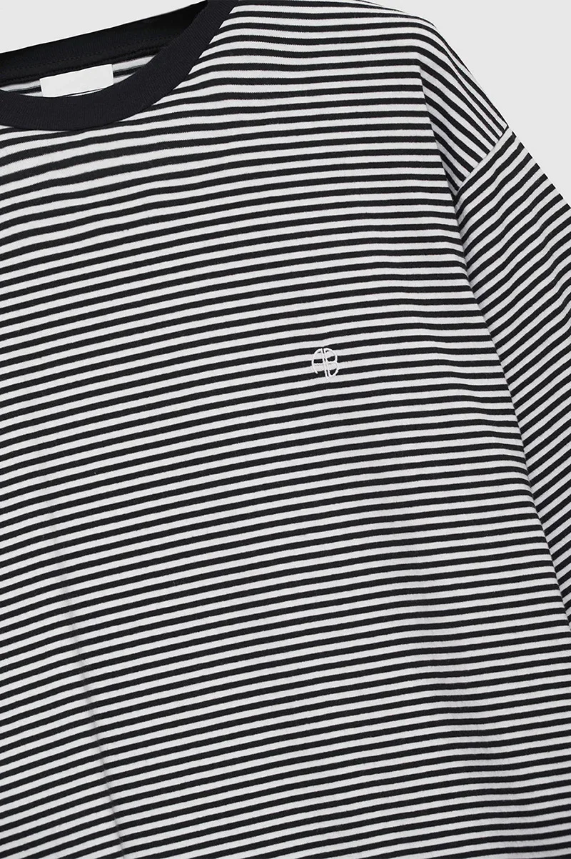 Bo Organic Cotton T-Shirt   miteigi Women's classic ANNIE BING style logo embroidered stripes Loose cotton short sleeve round o-neck crewneck T-shirts for woman in white black striped  Spring Summer Fall Autumn womens Y2K fashion season tops