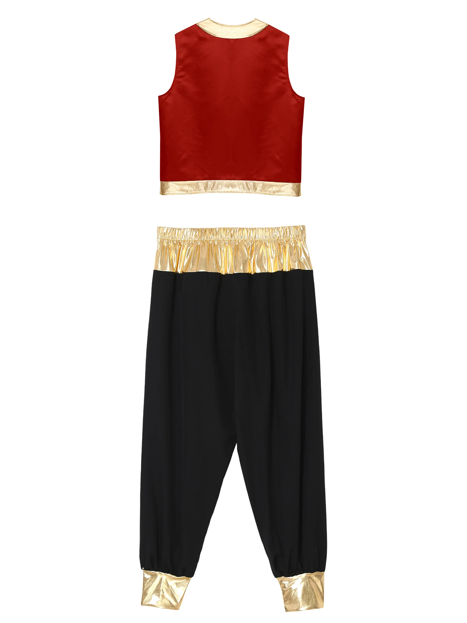 Costume da Principe Arabo per Uomo, Gilet Metallizzato Lucido con Bordo Decorativo e Pantaloni Lunghi, Set 2 Pezzi per Halloween e Feste in Maschera - immagine 3