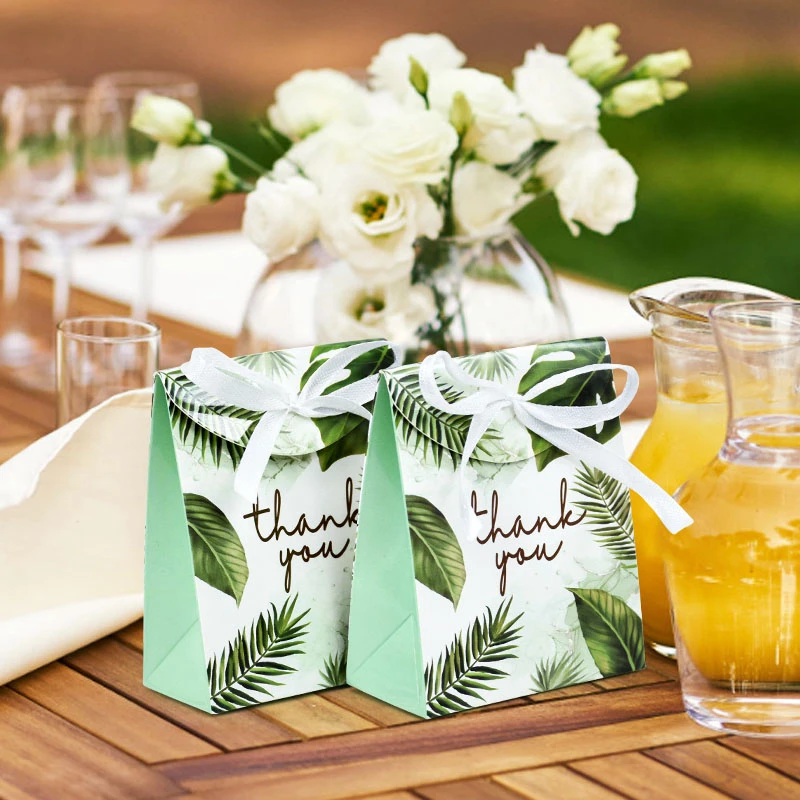 10/50Pcs Thank You Candy Gift Box Green Leaf Cookie Chocolate Packaging Bag Wedding Favors for Guest Birthday Party Decor Supply