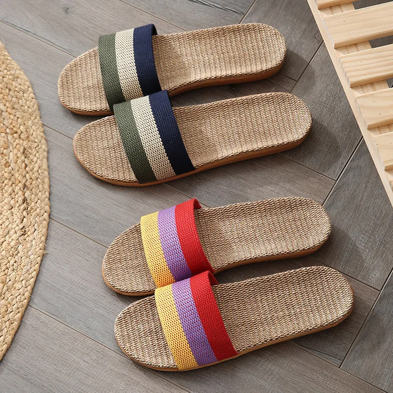 

2022 new large size linen slippers home couple indoor slippers wood floor cotton and linen home summer sandals pg-009