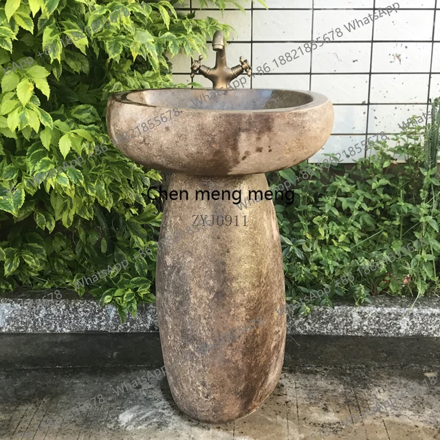 อ่างล้างหน้าหินธรรมชาติ อ่างล้างหน้ากลางแจ้งแบบติดตั้งในระเบียง อ่างล้างหน้าทรงเสาสำหรับลานบ้าน อ่างล้างหน้าโบราณสำหรับสระว่ายน้ำกลางแจ้ง 2