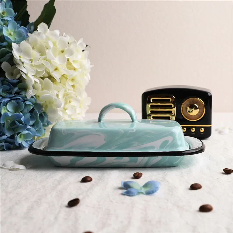 Retro Nostalgic Enamel Snack Tray with Lid Kitchen Dish Butter Box Cheese Storage Butter Dish Lid Serving