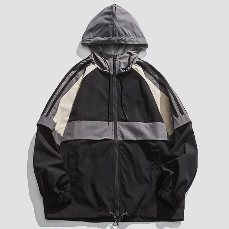Giacca causale da uomo High Street Hip Hop Colorblock Patchwork Felpa con cappuccio allentata Stile Haruku Cappotto unisex con cerniera Inverno893_voghion.com