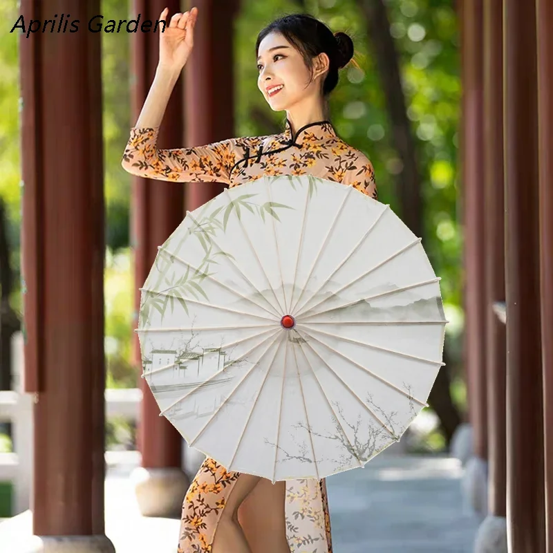 

Садовый классический зонт Aprilis из масляной бумаги Qingming Rain Dance, элегантный чернильный зонт в китайском стиле Hanfu Qipao