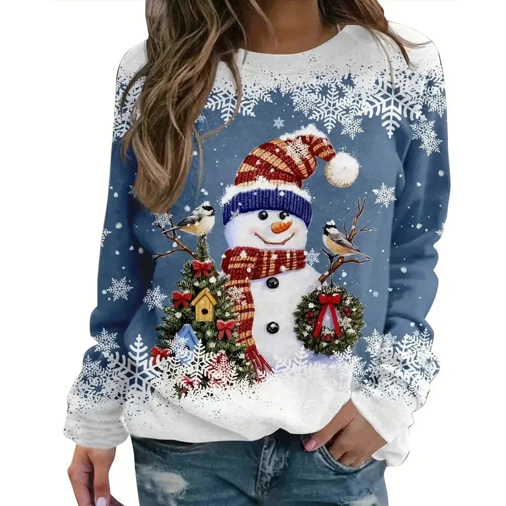 

Plus Size Christmas Casual Sweatshirt Women's Plus Snowman & Snowflake Print Long Sleeve Round Neck Pullover Top