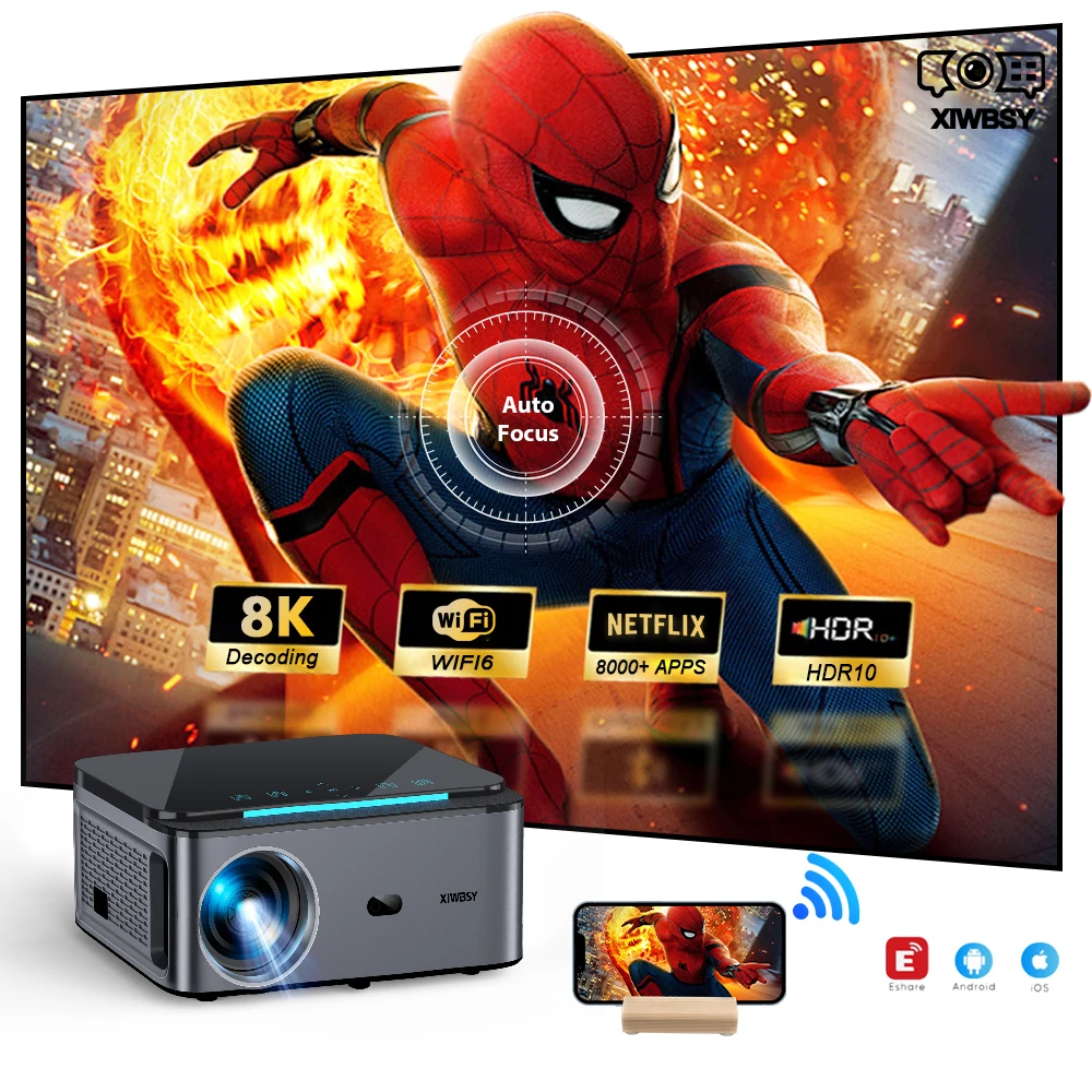 Portable Projector 1000ANSI Android 25000 Lumens 4K AutoFocus Keystone Projector Office Video Home Theater Outdoor