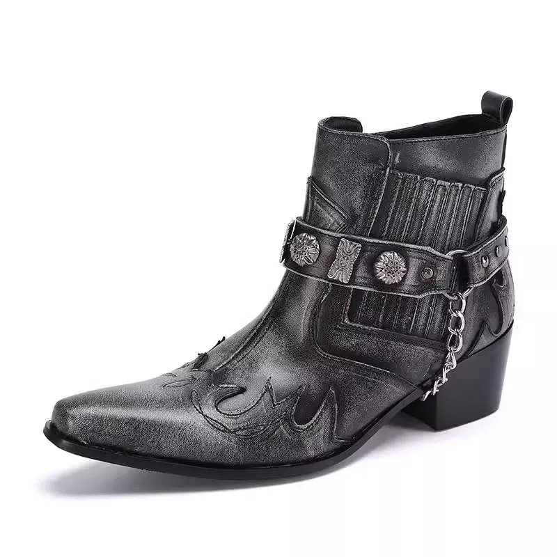 

Punk Style Rivet Metal Chain Decor Men's Ankle Boots Genuine Leather Belt Buckle Male Chelsea Boots Gentleman Leisure Shoes