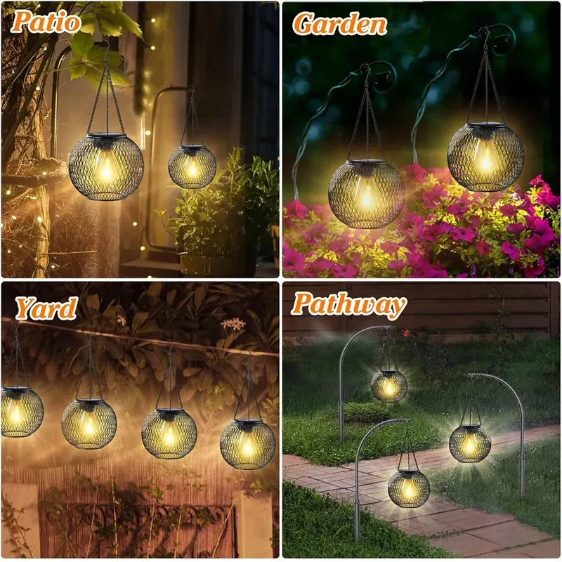 Led Solar Lights Outdoor Solar Iron Lantern Waterproof Decorative Hanging Lights for Tree Garden Yard Patio Pathway Dusk-to-daw