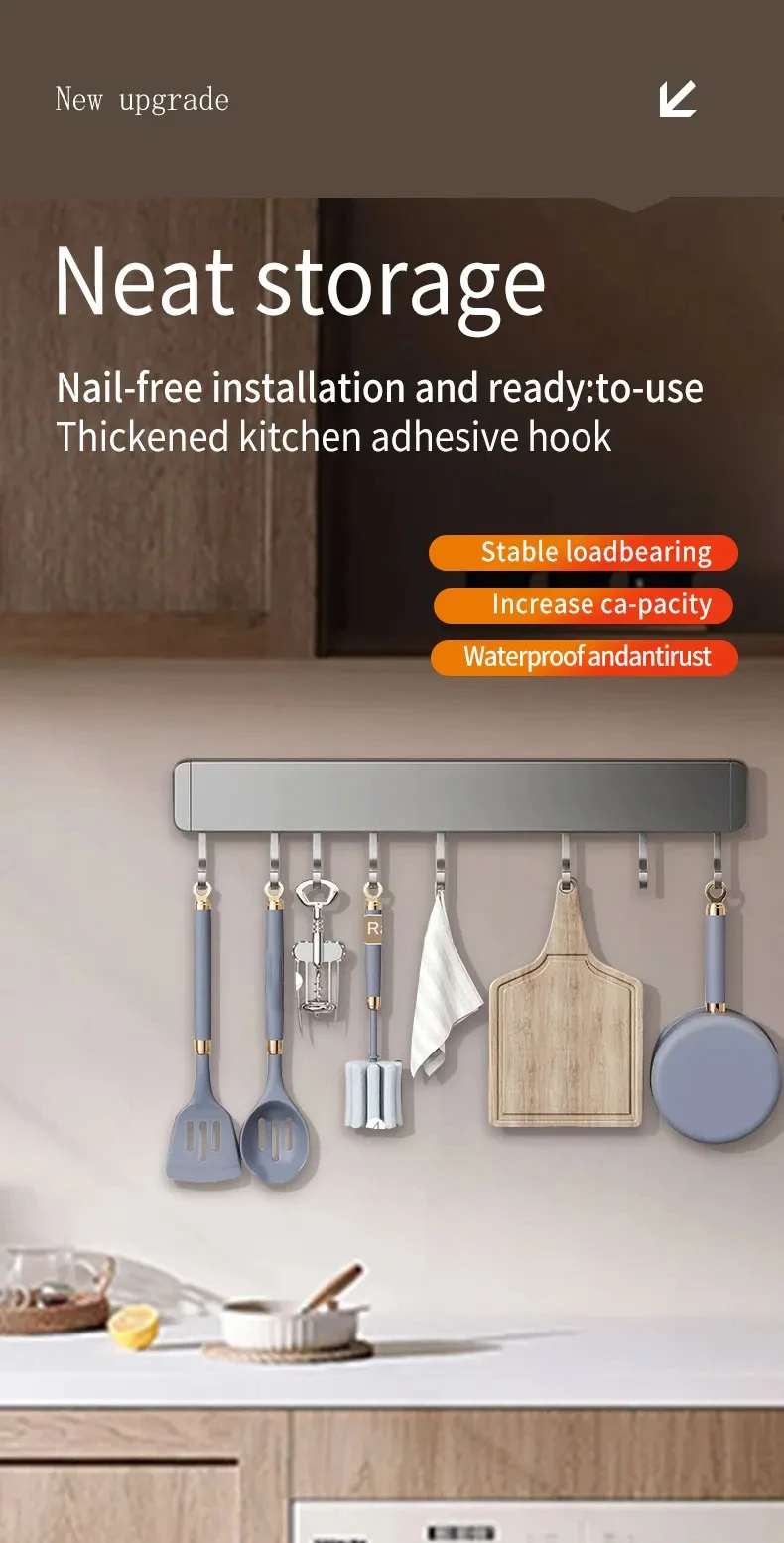 Description Picture 2 of itemKitchen Storage Rack Non-perforated shelves Kitchen Utensil Accessories Wall Mounted with Movable hook Spoon Holder Organizer