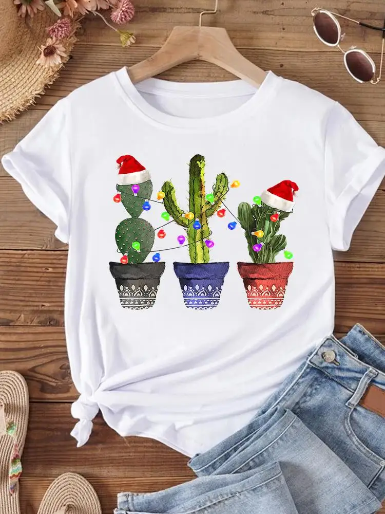 

Women Christmas Print Fashion New Year T Shirt Clothes Cactus Funny 90s Trend Holiday Top Graphic T-shirt Ladies Clothing Tee