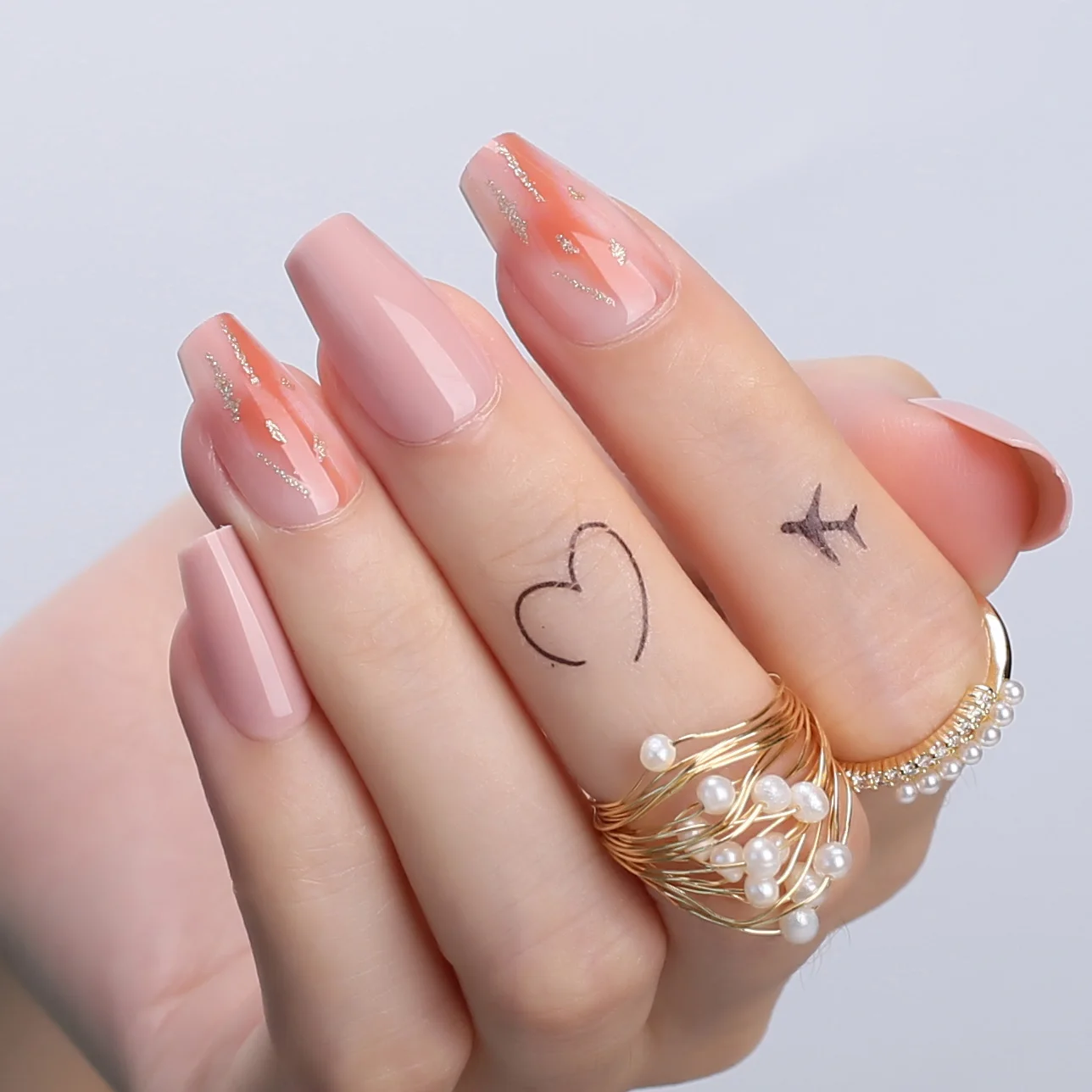 Marmo Texture Affusolato Quadrato Rosa Balletto Unghie Finte Lavoro Stampa Sulle Unghie Bara Corta Unghie Finte Nude Naturali Per Le Donne