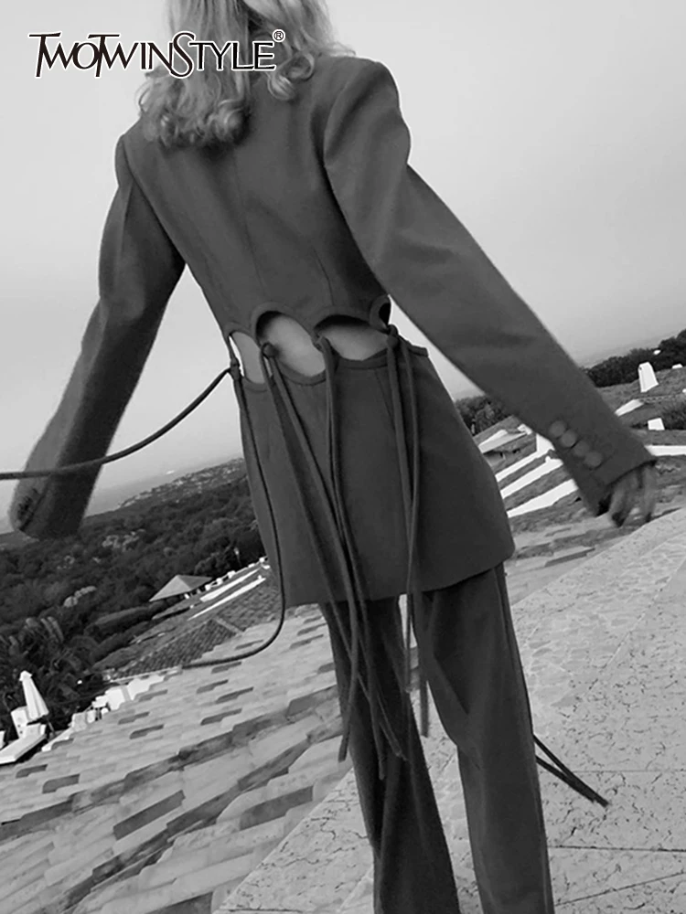 

TWOTWINSTYLE Solid Two Piece Sets For Women Notched Collar Long Sleeve Blazer High Waist Wide Leg Pants Loose Set Female Fashion