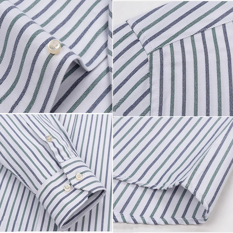 S~6XL Men\'s Long Sleeve Striped Plaid Casual Shirt Cotton Oxford Shirt Men\'s Pocket Regular Fit Button Work Shirt