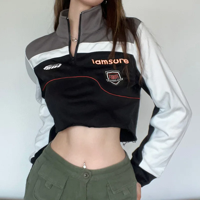 

Y2K Zip Jackets Long Sleeve Crop Top Patchwork Biker Sweatshirts Fashion Turn-down Neck Grunge 90s Vintage Aesthetics T-shirt