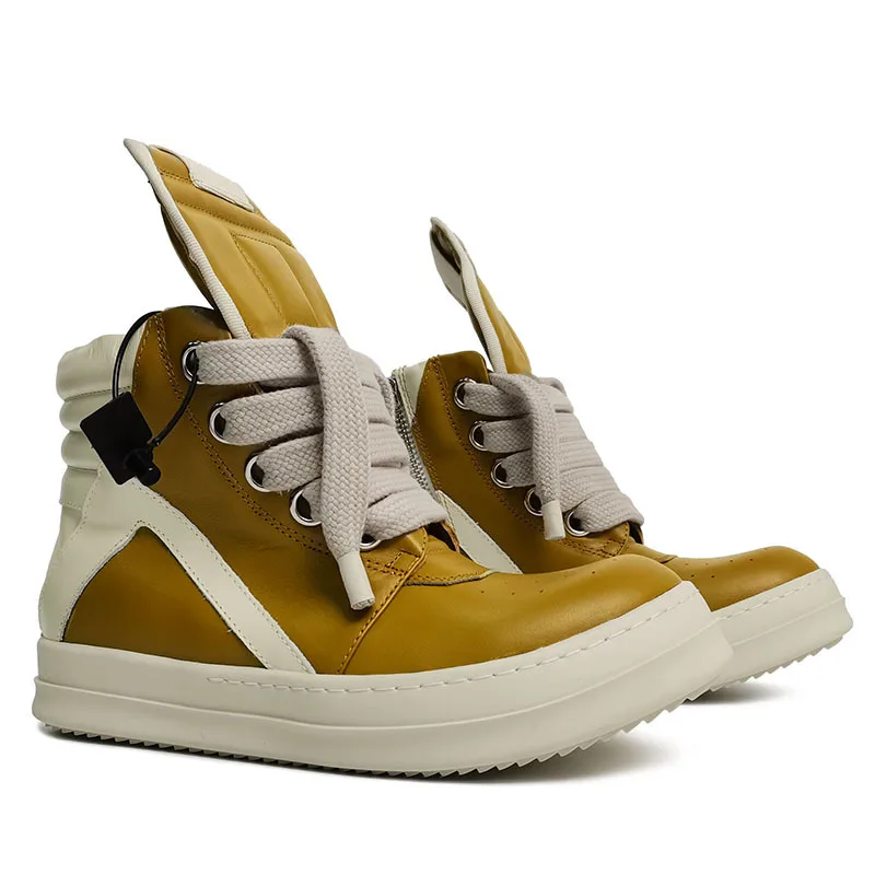 

Rick Men's Shoes RO Owens Sheepskin Yellow High Top Increase Round Head Casual Sneakers