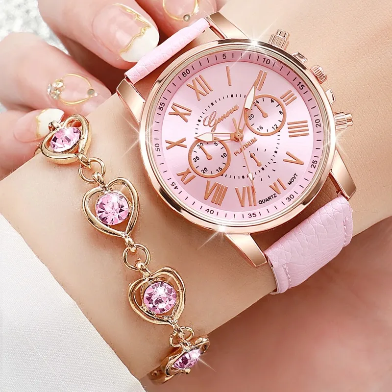 Elegant Rose Gold Fashion Watch for Women - Genuine Leather  Strap  Quartz  Analog  Wristwatch  with  Crystal  Markers