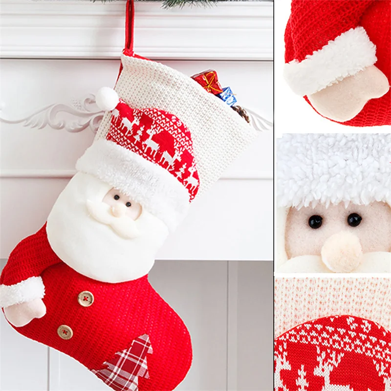 Large Knitted Christmas Stocking Santa Claus Fireplace Decor Socks Xmas Gift Bags Candy Holder Decor for Home