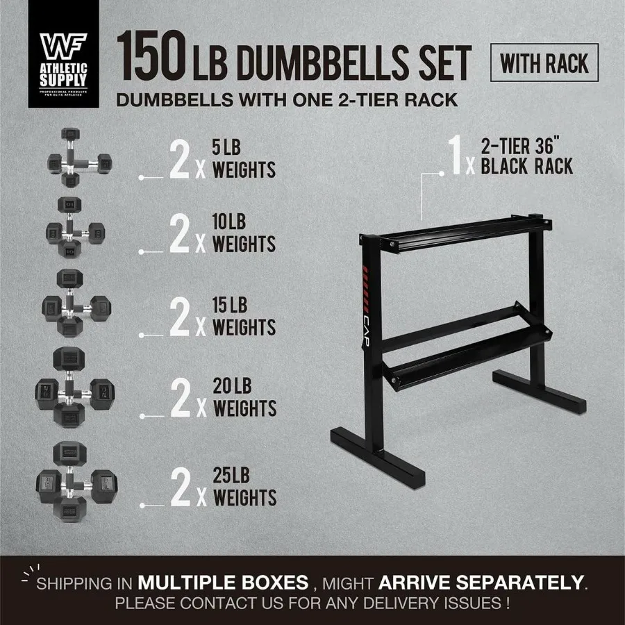 WF Athletic Supply Rubber Encased Hex Dumbbells with Rubber Grip Contoured Handle for Muscle Toning Strength Building Full Body