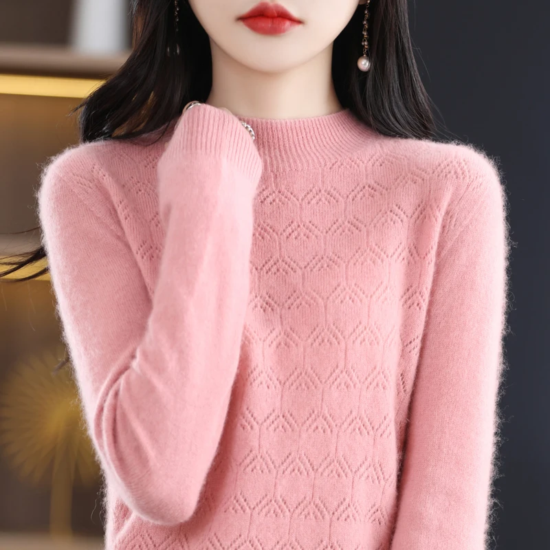 

Women's Pullover 2023 Spring and Autumn New 100% Wool Sweater Casual Knitted Women's Top Loose Half High Collar Korean Sweater