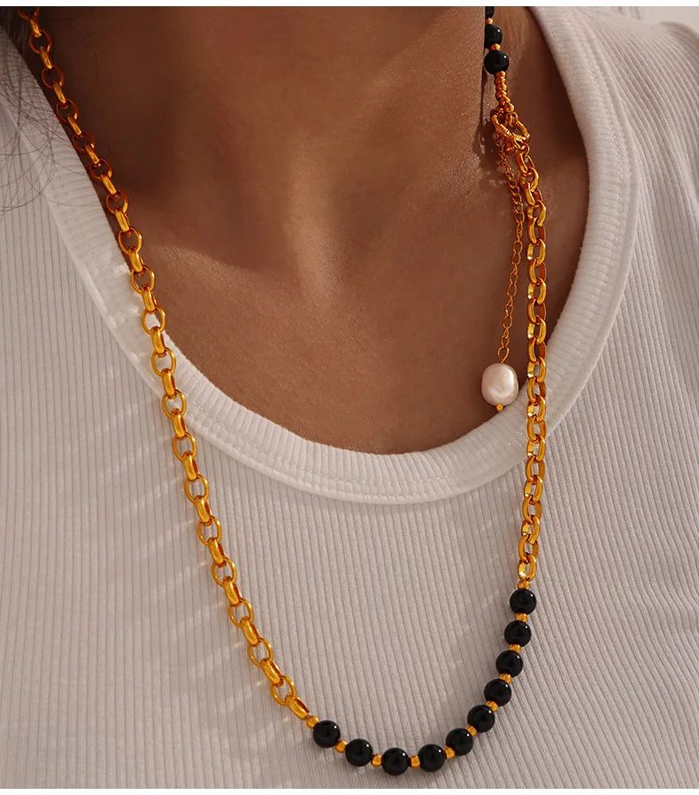 Frauen Edelstahl Halskette Süßwasser Perle Natursteine Schwein Nase Design lässig Kragen Kette Charme Schmuck – Detail 5