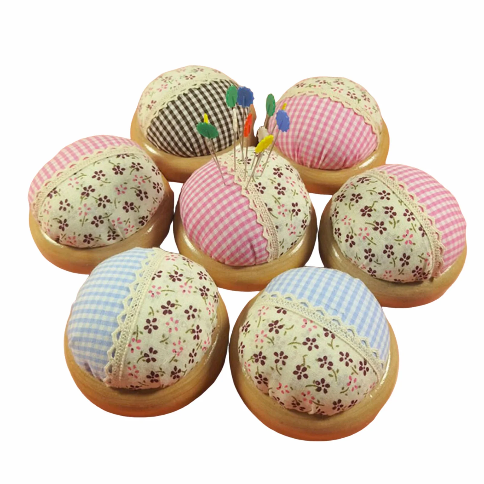 둥근 핀쿠션 꽃무늬 스타일 바느질 바늘꽂이, 퀼팅 자수 바느질 DIY 공예용 나무 받침대 포함