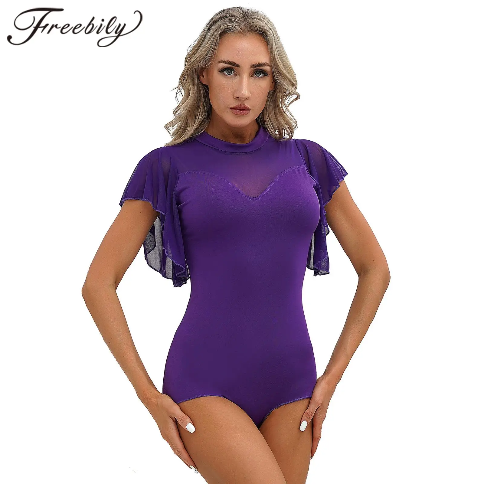 Women's Gymnastics Jumpsuit Ruffle Mesh Short Sleeve Cha-Cha Ballet Latin Dance Leotard Bodysuit Stage Performance Costume