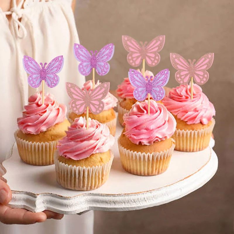 Purple & Gold Butterfly Cake Topper Set - 1 Acrylic 'Happy Birthday' Sign & 15 3D Butterflies For Cupcakes - View #11