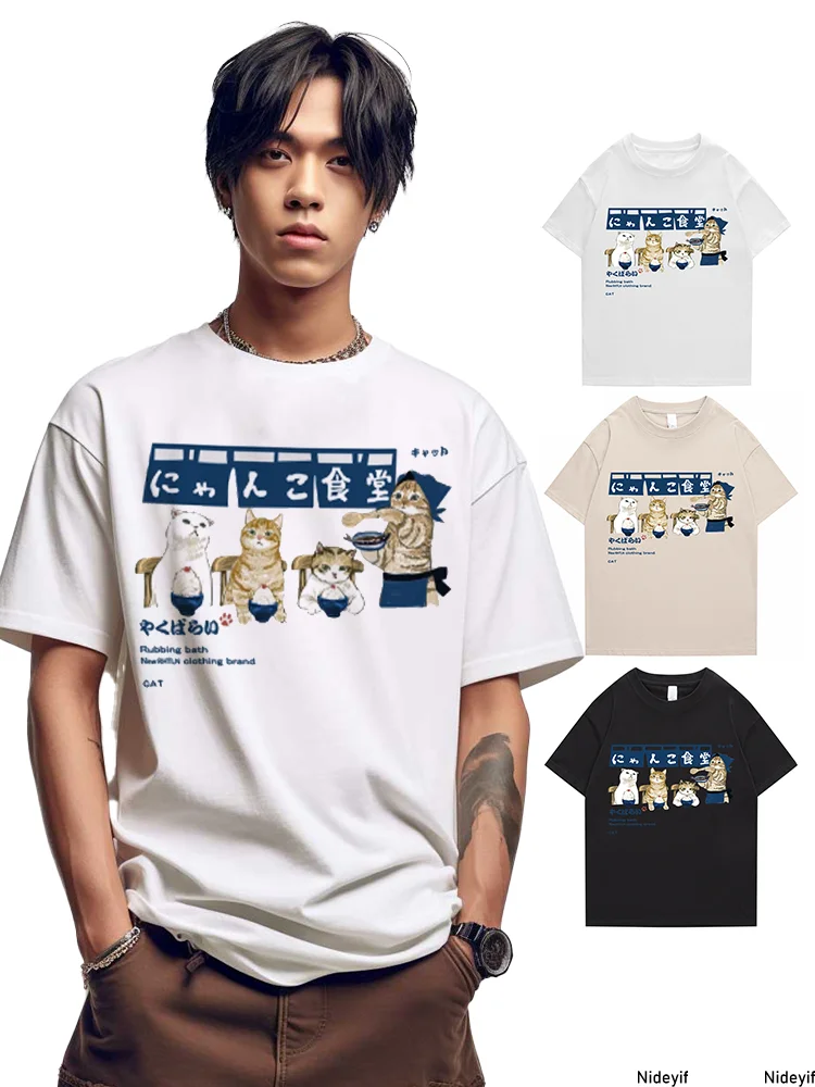 

Футболка хлопковая с рисунком кошки, столовой, Токио, Харадзюку, топы для мужчин и женщин, y2k, хип-хоп, летняя японская манга, AI 2