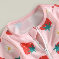 VISgogo Toddler Girl Rash Guard Swimsuit Set Summer Long Sleeve Strawberry Print Bathing Suit + Sun Hat Infant Newborn Swimwear 4