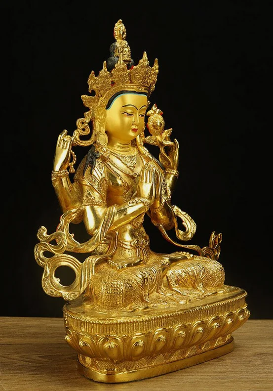 8" Chenrezig Kwan-yin 4 arms guanyin Divinity Buddha Statue pure Bronze gilt & 4